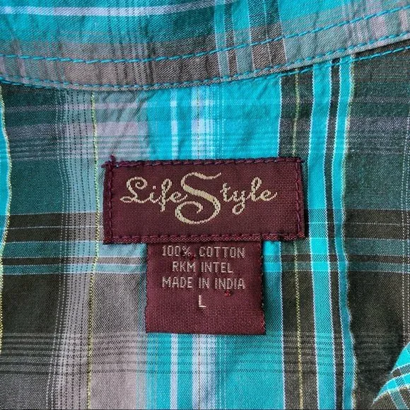 Life Style Green Plaid Western Shirt - Picture 9 of 13